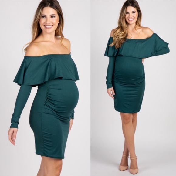 Pinkblush Dresses & Skirts - Pinkblush Emerald Green Ruffle Off The Shoulder Long Sleeve Maternity Mini Dress